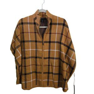 Tahari NWT Tan Plaid Full Zip Poncho Cape Size S/M